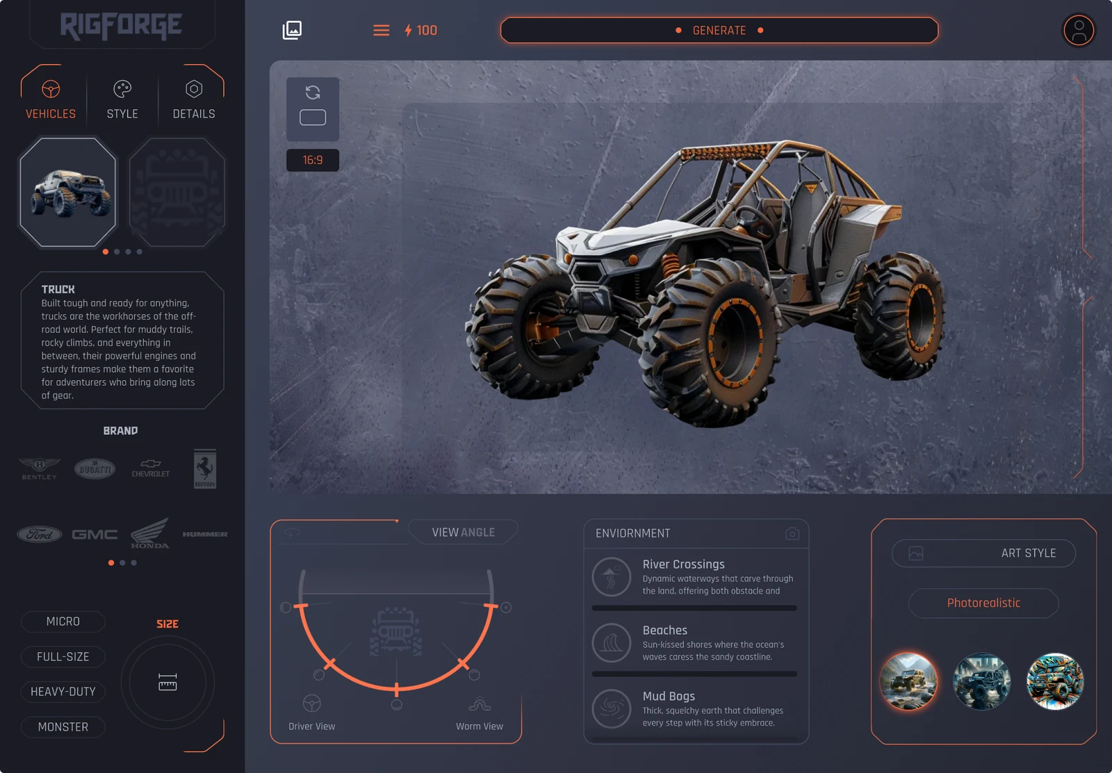 RigForge vehicle customization studio on iPad in landscape orientation.